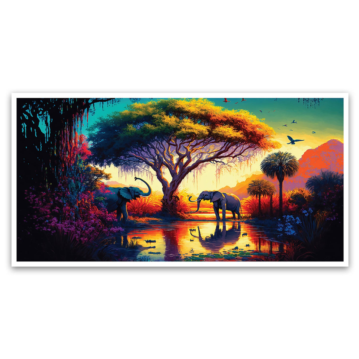 Two Elephants Resting Beneath a Tree in the Savannah Art Masterpiece