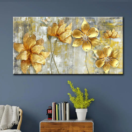 Gilded Blossoms | Majestic Golden Flowers Panoramic Canvas Wall Art