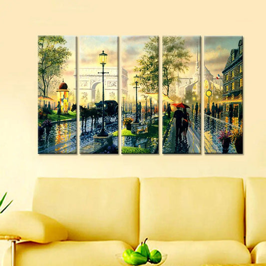 Romantic Rain City Road View With Couple Canvas Framed Wall Painting with Set of 5 Frame Panel for Living Room, Bedroom, Office Decoration (24" x 8" Each Panel)