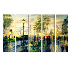 Romantic Rain City Road View With Couple Canvas Framed Wall Painting with Set of 5 Frame Panel for Living Room, Bedroom, Office Decoration (24" x 8" Each Panel)