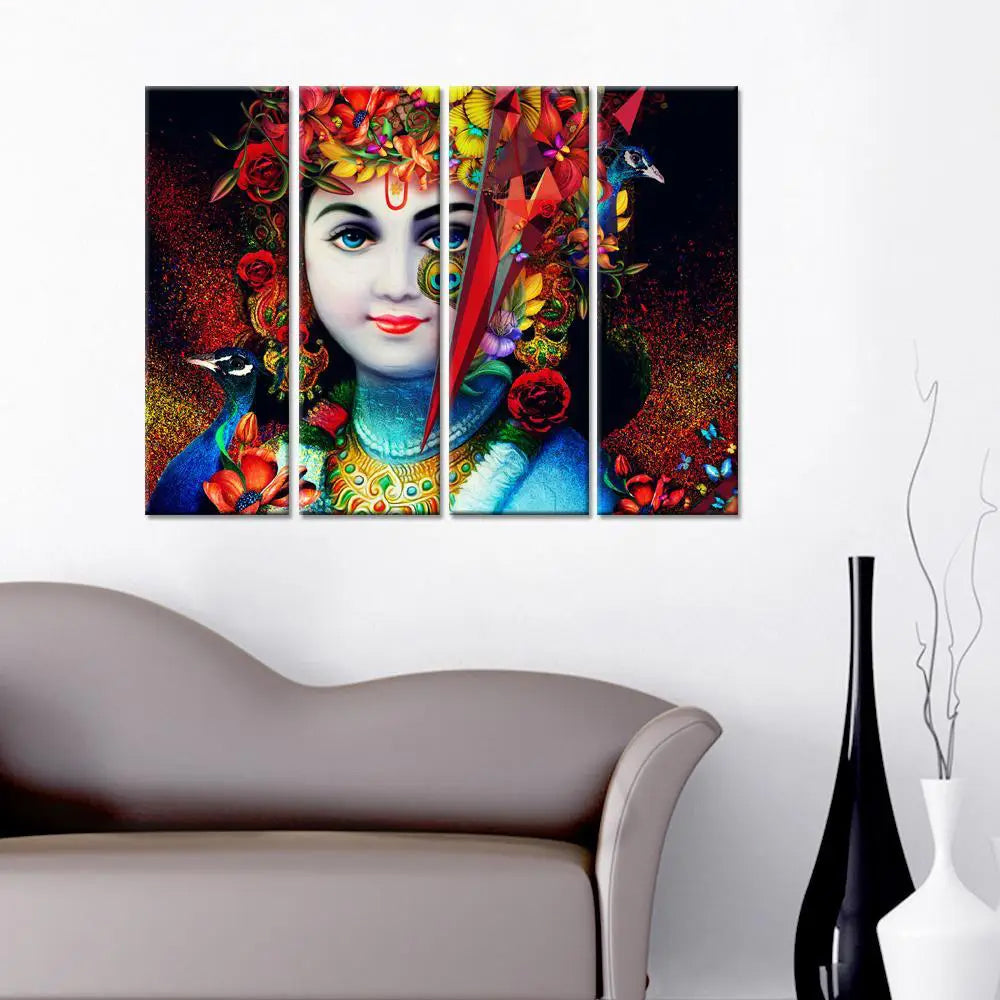 Colorful Krishna Panel Art | 4 Panel Wall Decor | (24" x 8" Each Panel)