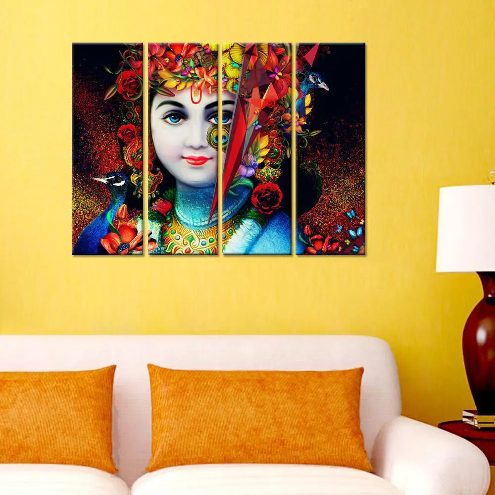 Colorful Krishna Panel Art | 4 Panel Wall Decor | (24" x 8" Each Panel)