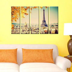 Beautiful Paris City View Eiffel Tower Wall Painting Set of 5 Frame Panel Premium Quality Canvas Wall Painting for Living Room, Bedroom, Office Wall Decoration (24" x 8" Each Panel)