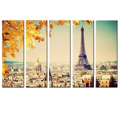 Beautiful Paris City View Eiffel Tower Wall Painting Set of 5 Frame Panel Premium Quality Canvas Wall Painting for Living Room, Bedroom, Office Wall Decoration (24" x 8" Each Panel)