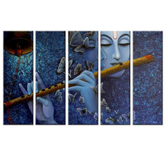 Krishna with Flute Beautiful Set of 5 Frame Canvas Painting for Living Room, Bedroom, Office Wall Decoration (24" x 8" Each Panel)