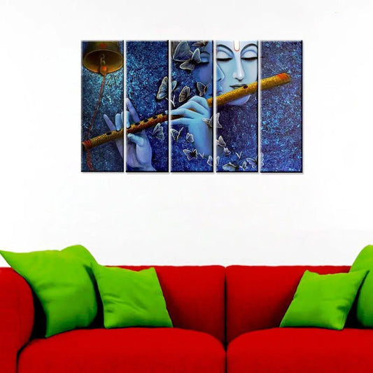 Krishna with Flute Beautiful Set of 5 Frame Canvas Painting for Living Room, Bedroom, Office Wall Decoration (24" x 8" Each Panel)